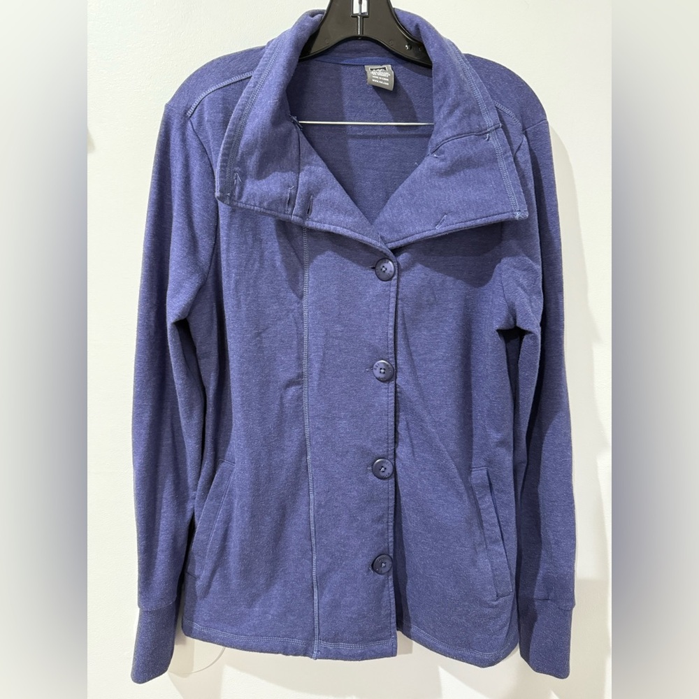 REI Cardigan Button Front Sweater Women L Blue High Neck Pockets Ribbed Cuffs T